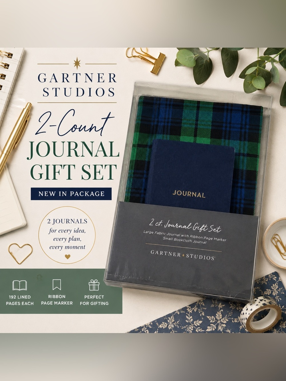 Gartner Studios 2-Count Journal Gift Set Plaid Fabric Hardcover Journals NWT